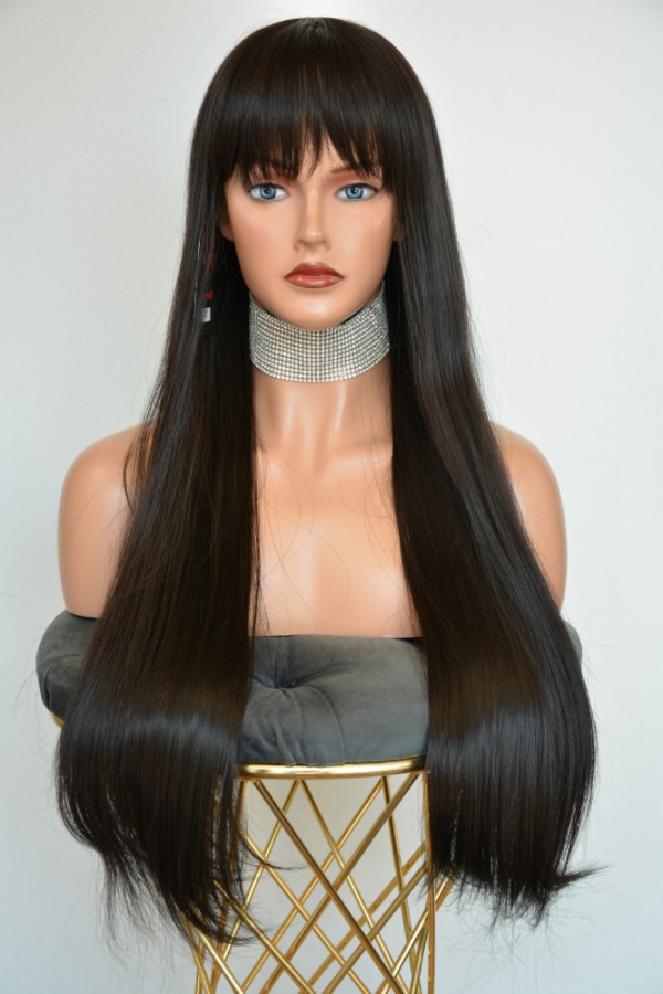 Uzun Koyu Kestane Fiber Sentetik Düz Perçemli Peruk